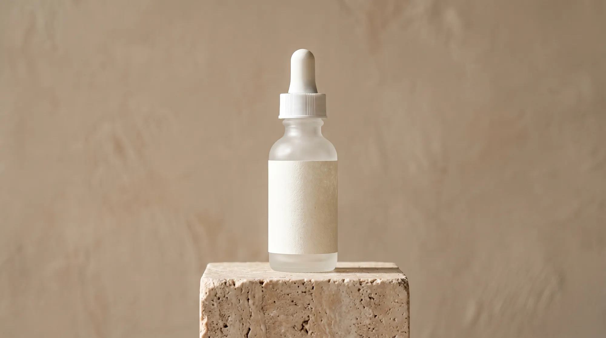 Serum şişesinin sade bir katalog çekiminden yeşil sıvılı reklam karesine dönüşmesi